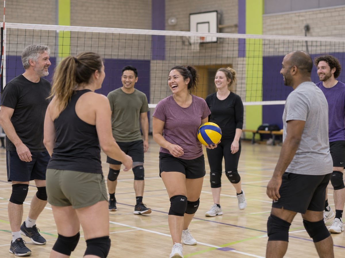 Volwassen volleyballers lachen samen tijdens de training.