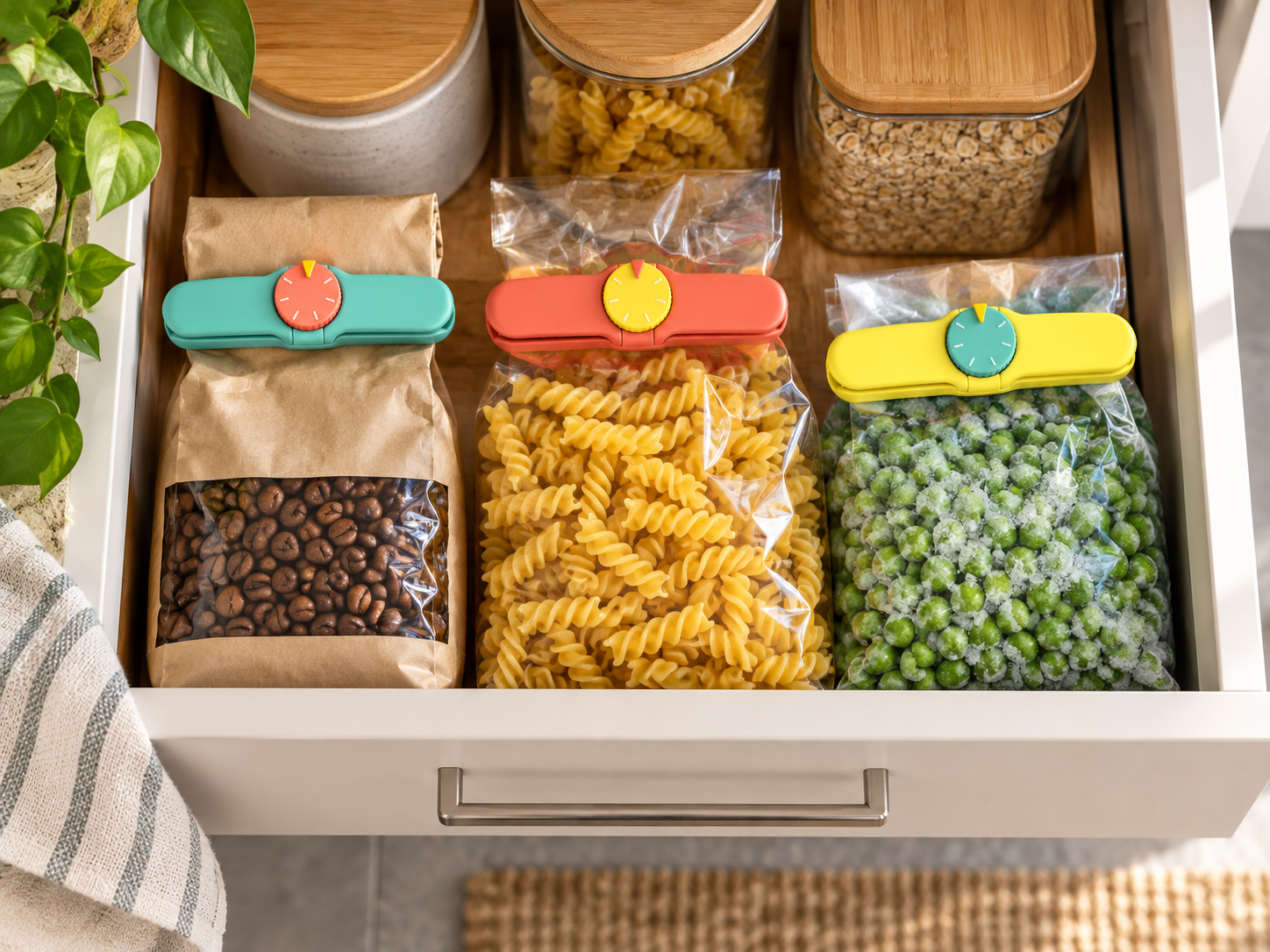 Drie voedselzakken met gekleurde VERSKLIK-clips in een keukenlade.
